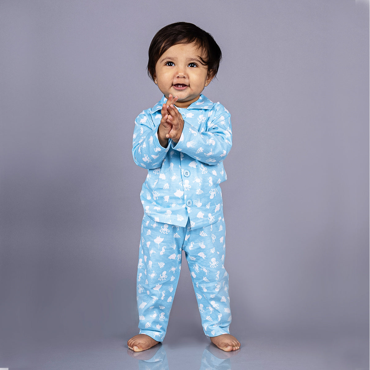 Full Sleeves Baby Octopus Printed Night Suit for Baby/Kids - Aqua Blue 18-24 Months