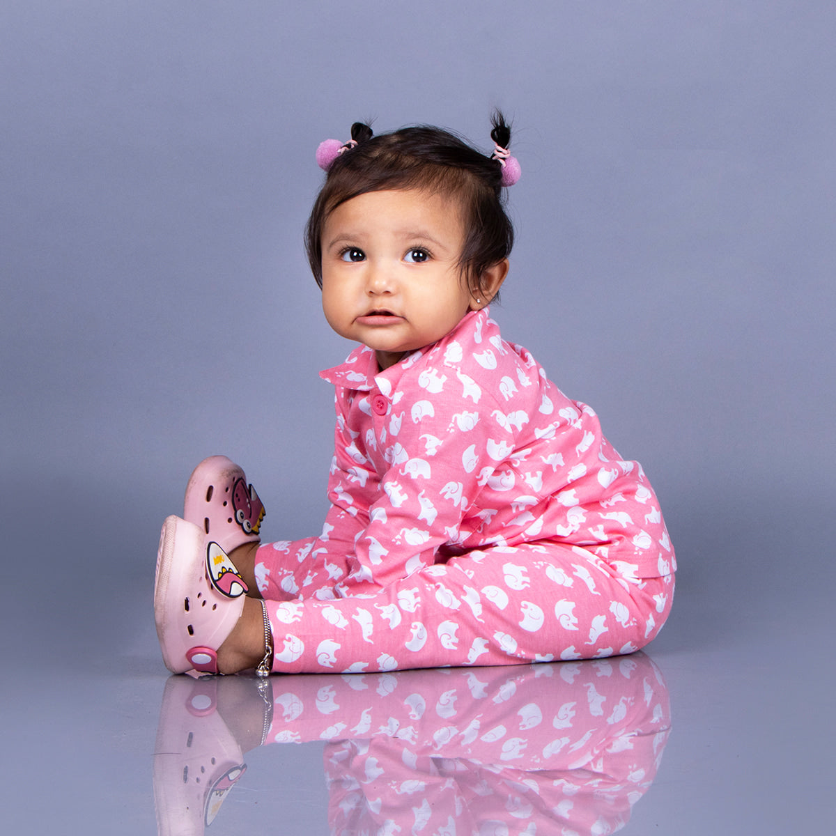 Full Sleeves Baby Elephant Printed Night Suit  for Baby/Kids - Pink 12-18 Months