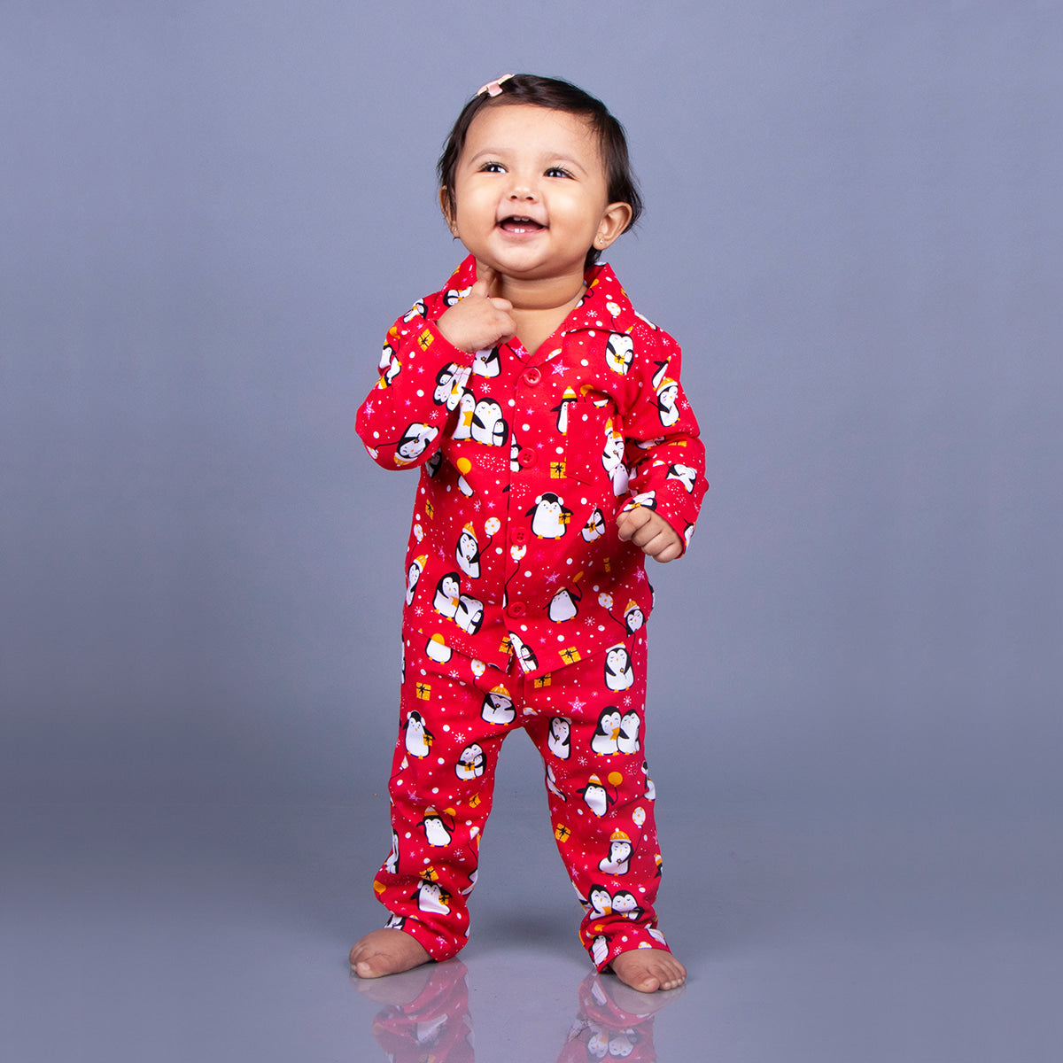 Full Sleeves Baby Penguin Printed Night Suit  for Baby/Kids - Dark Red 2-3 Years