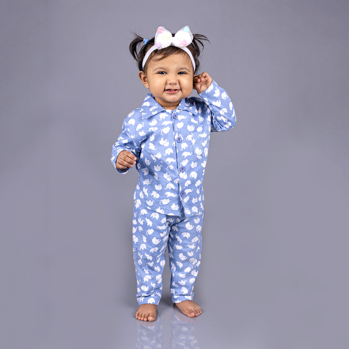 Full Sleeves Baby Elephant Printed Night Suit  for Baby/Kids - Light Blue 18-24 Months