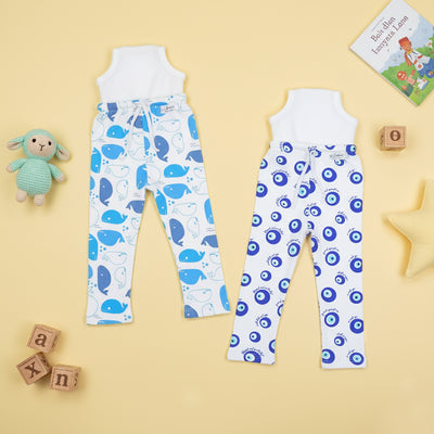 Snugkins Diaper Pant Potty Training Pajamas for Boys & Girls 100% Cotton Size 1 -Pack of 2 - Evil Eye & Whale