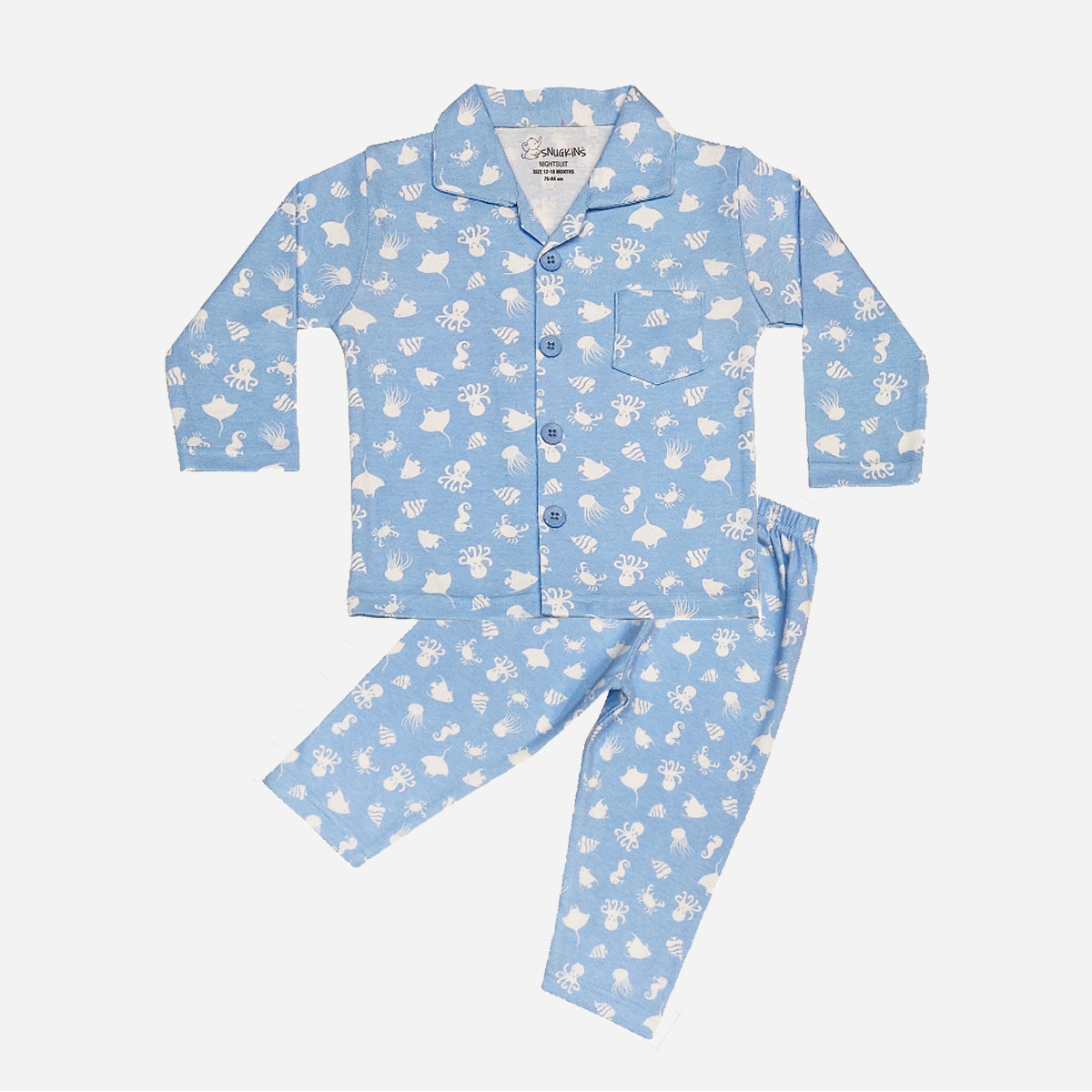 Full Sleeves Baby Octopus Printed Pajamas / Night Suit  for Baby/Kids - Sky Blue
