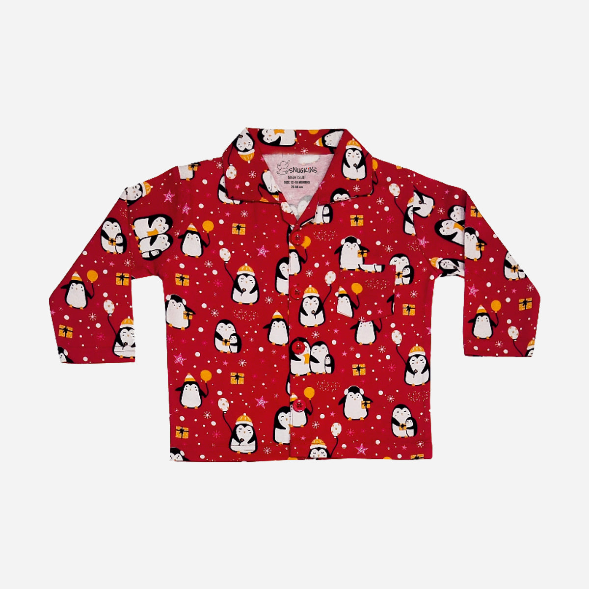 Full Sleeves Baby Penguin Printed Pajamas / Night Suit  for Baby/Kids - Dark Red