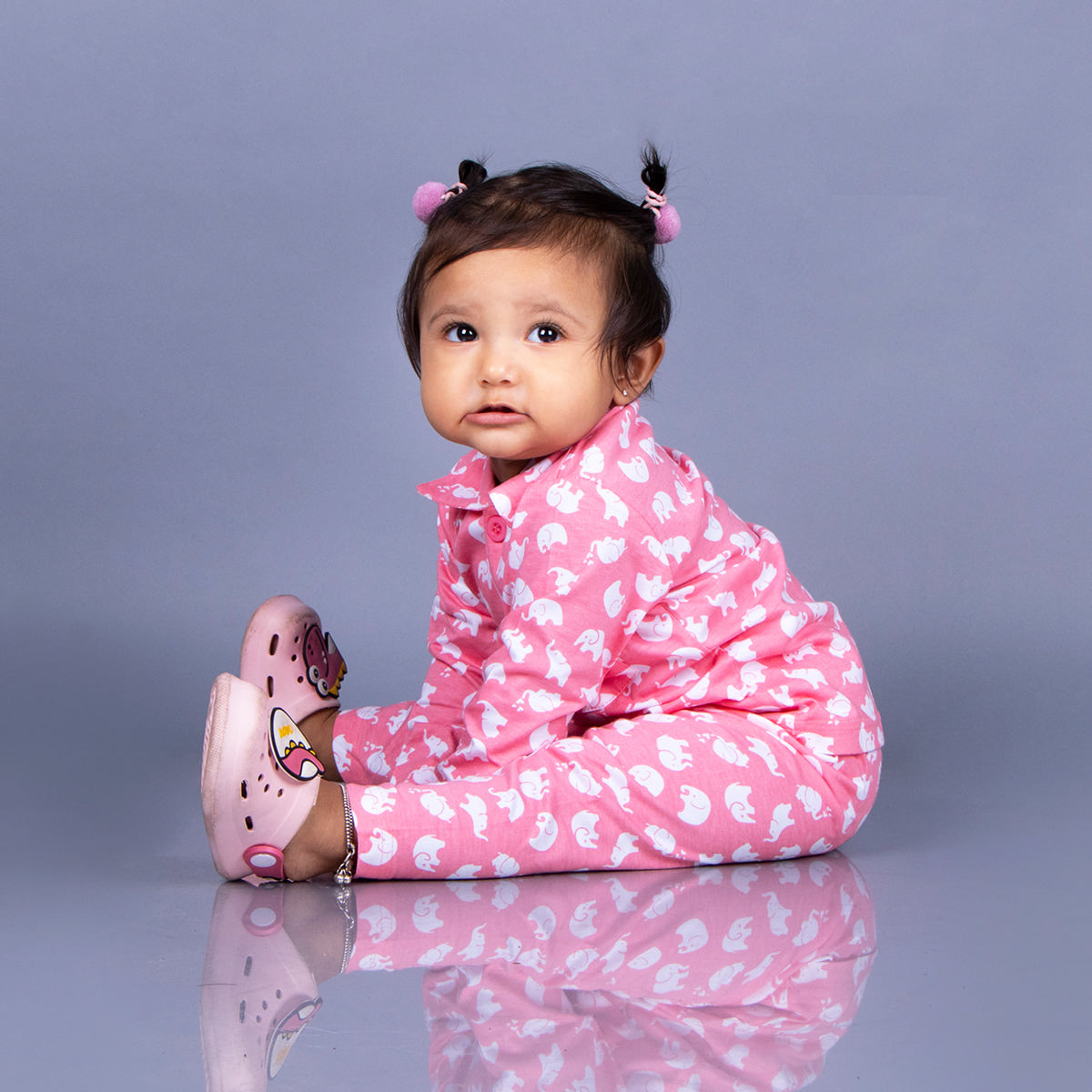 Full Sleeves Baby Elephant Printed Pajamas / Night Suit  for Baby/Kids - Pink