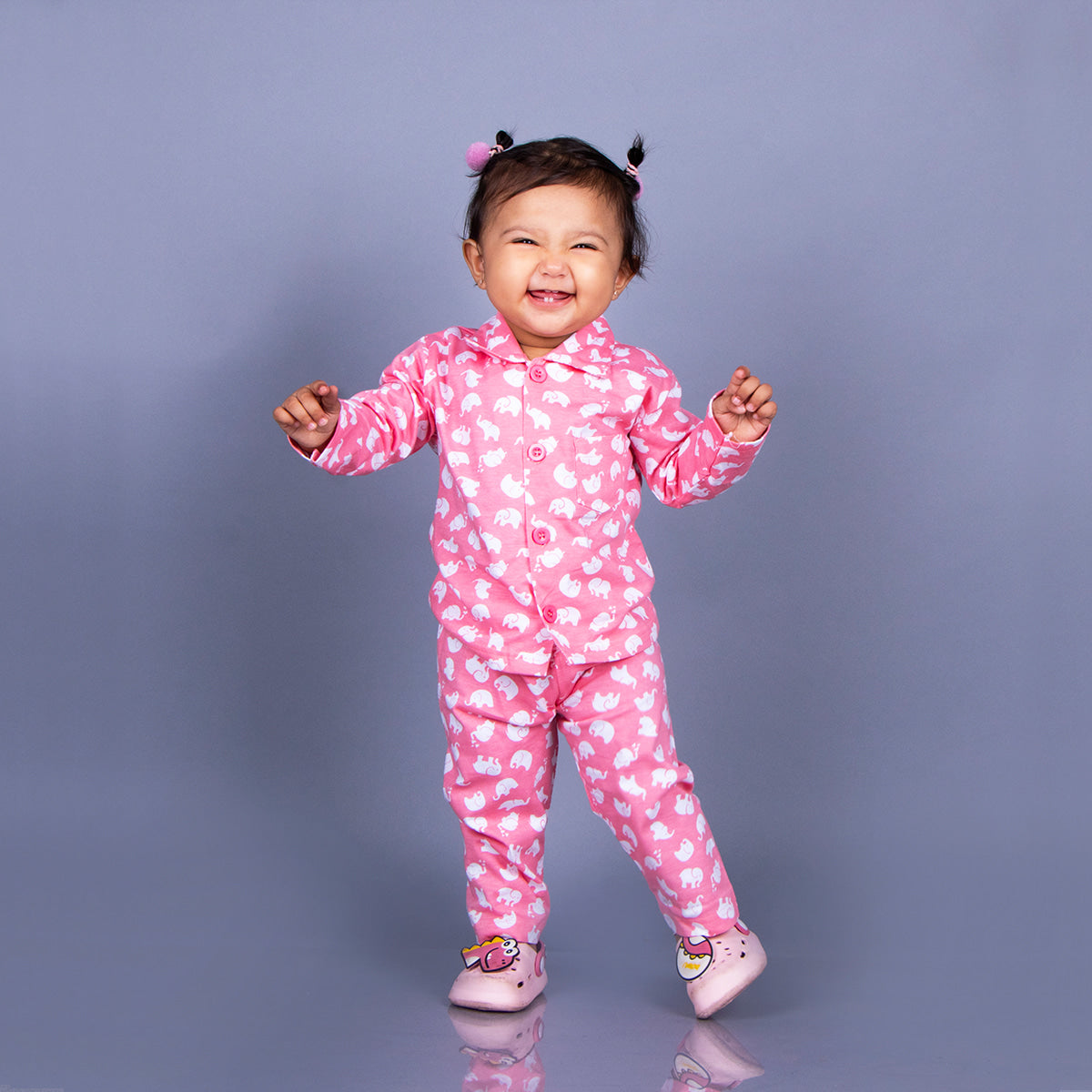Full Sleeves Baby Elephant Printed Pajamas / Night Suit  for Baby/Kids - Pink