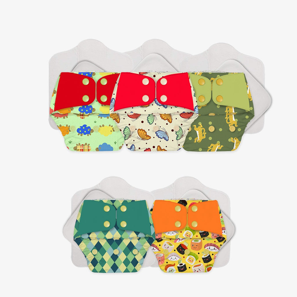 Pack of 5 Reusable Cloth Diapers Soft & Washable | Snugkins